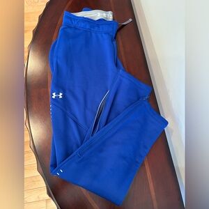 Under Armour blue athletic pants with zipper detail at ankle. Size small.
